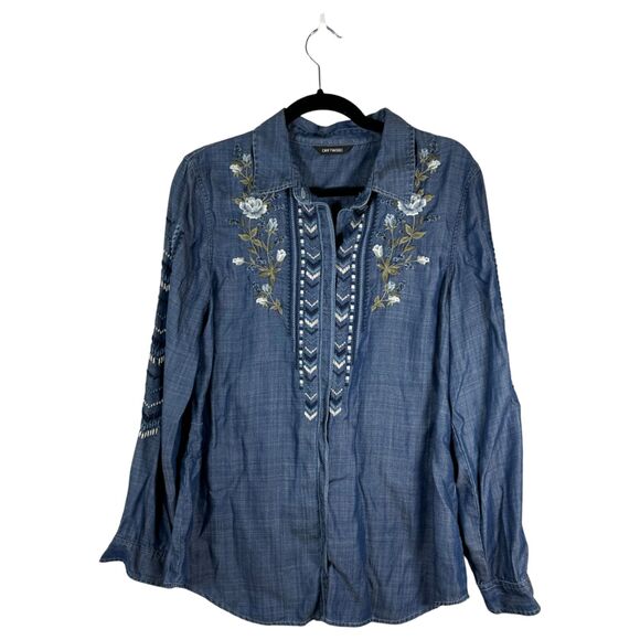 Driftwood Embroidered Button Chambray Denim Lana Shirt Ocean Dusk Size Medium - Picture 6 of 11